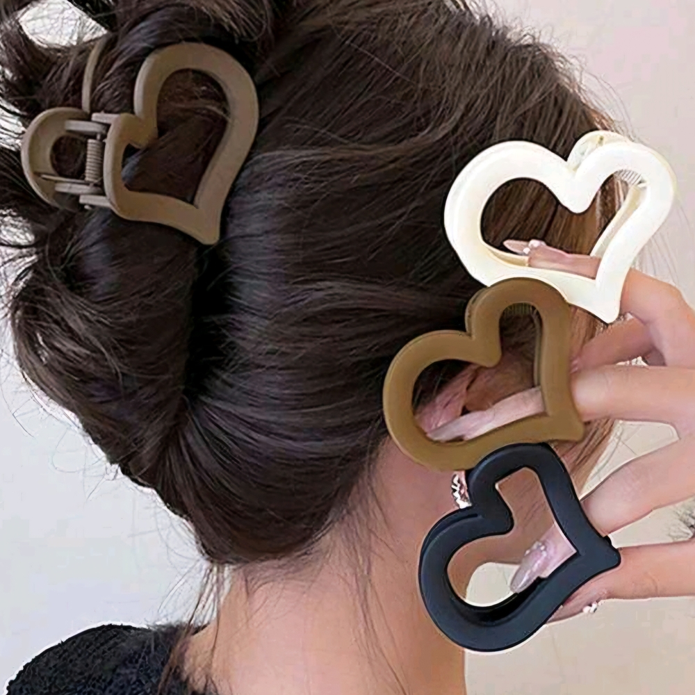 Heart-Shaped Hair Clips Set - Black, Brown, White